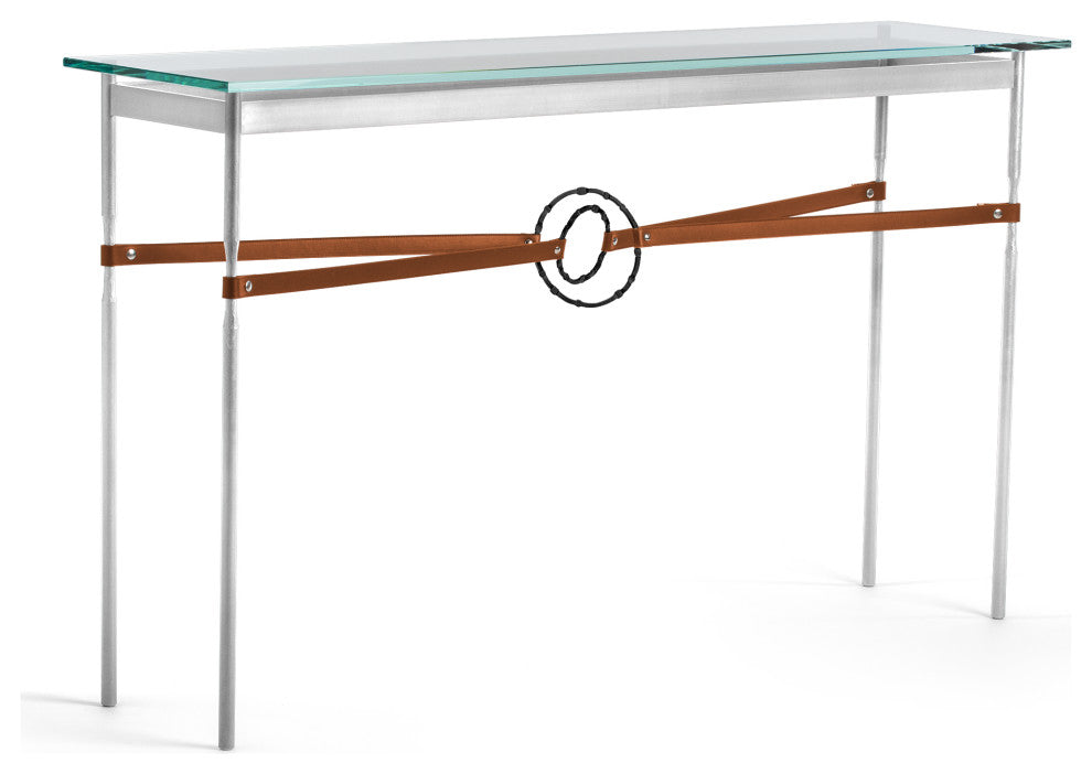 Equus Console Table, Sterling Finish - Black Accents - Chestnut Leather Strap