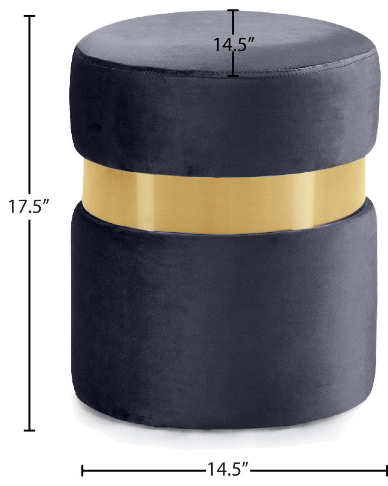 Hailey Velvet Upholstered Ottoman/Stool, Grey, Gold Band