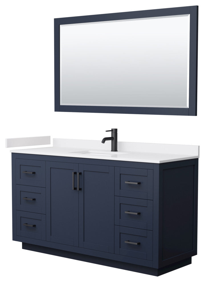 60"SGL Vanity Dark Blue, White Cult. Marble Top, Sink, Black Trim, 58"Mirror