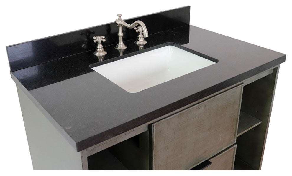 37" Single Vanity, Linen Gray Finish With Black Galaxy Top And Rectangle Sink