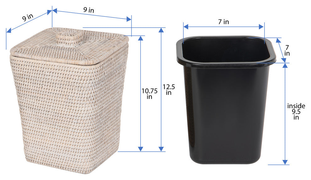 Rattan Square Waste Basket, Lid, Plastic Insert, White-Wash