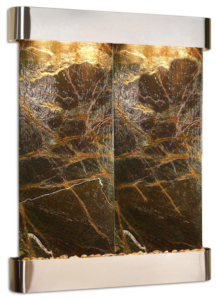 Majestic River Water Fountain, Green Marble, Stainless Steel, Round Edges