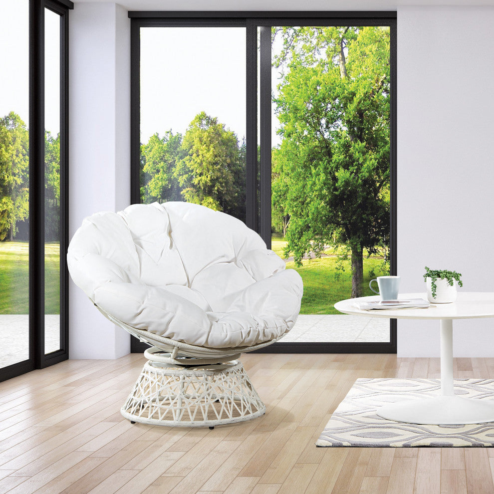 Papasan Chair With White Round Pillow Cushion and White Wicker Weave