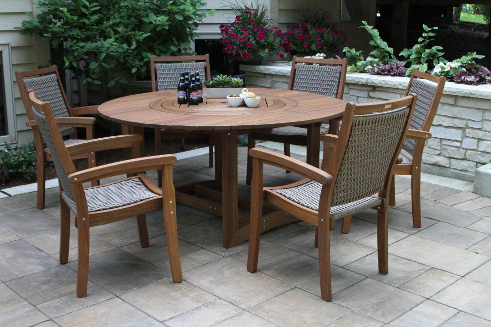 7-Piece Eucalyptus Round Lazy Susan Dining set With 6 Stacking Wicker Armchairs