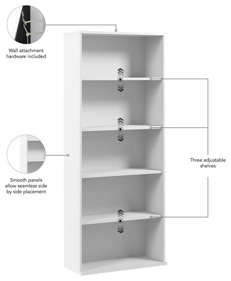 Hustle Tall 5 Shelf Bookcase in White - Engineered Wood