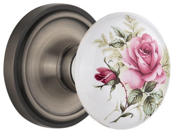 Single Classic Rosette With Rose Porcelain Knob, Antique Pewter