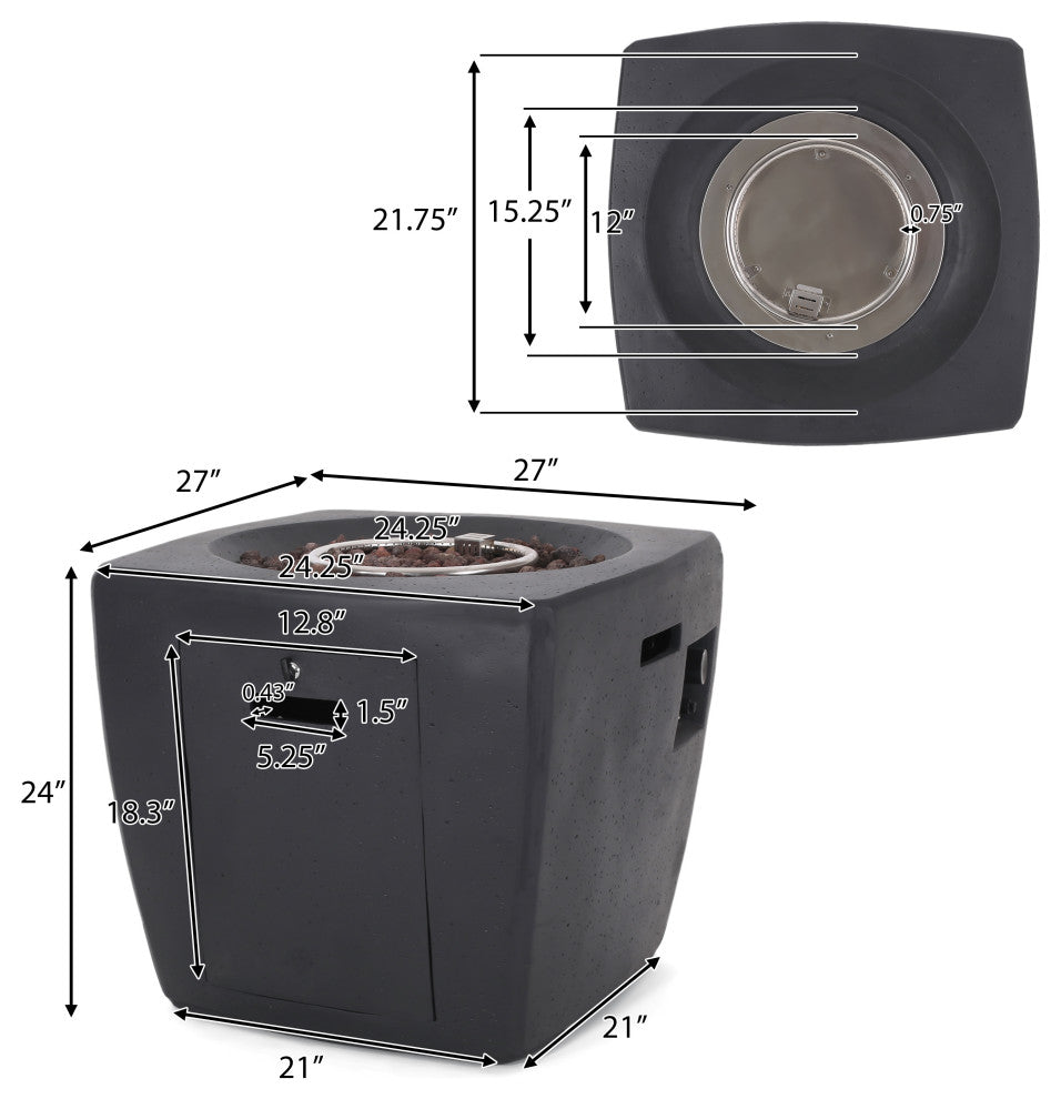 Andreson Outdoor 40,000 BTU Lightweight Concrete Square Fire Pit, Dark Gray