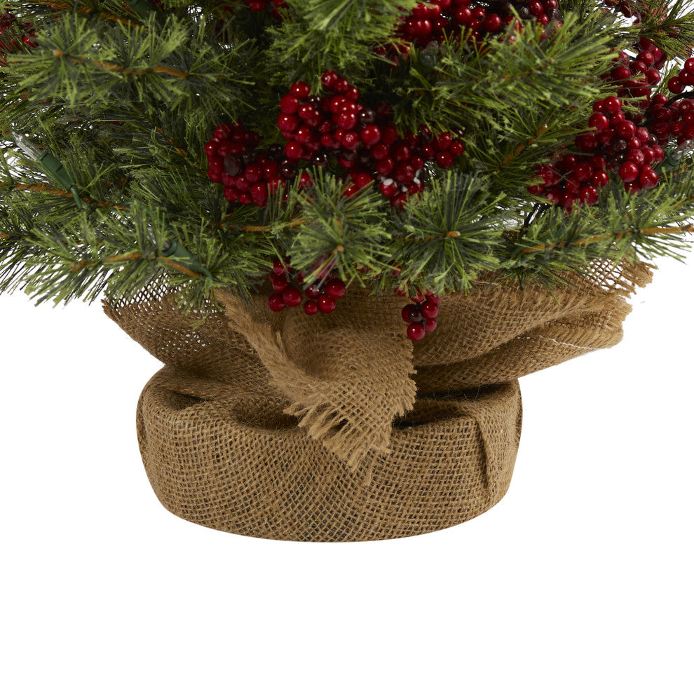 4' Berry and Pine Faux Xmas Tree W/ 100 Warm White Lights & Burlap Wrapped Base