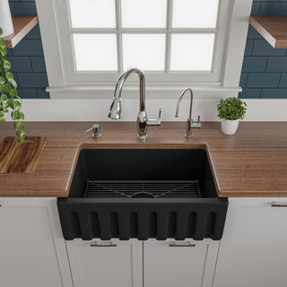 30" Black Matte Reversible Smooth/Fluted Single Bowl Fireclay Farm Sink