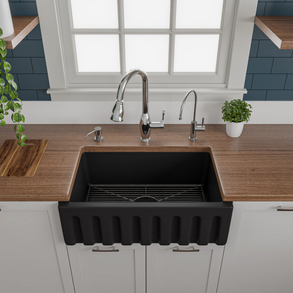 30" Black Matte Reversible Smooth/Fluted Single Bowl Fireclay Farm Sink