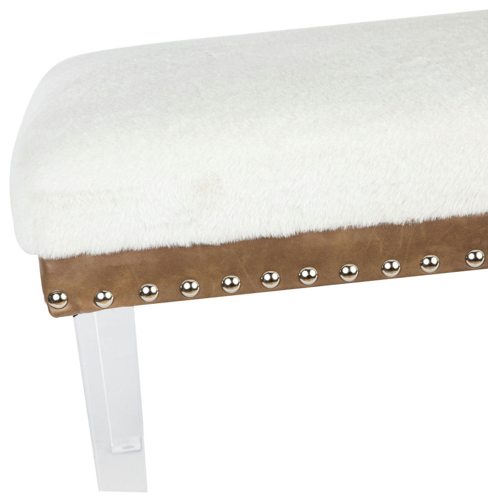 Brianna Modern Luxury Faux Fur Upholstered Bench with Clear Legs - Snow