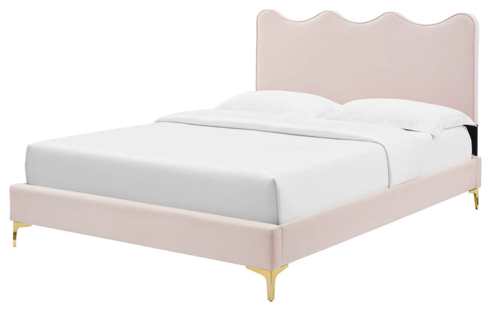 Platform Bed Frame, King Size, Pink, Velvet, Modern, Bedroom Master Guest Suite