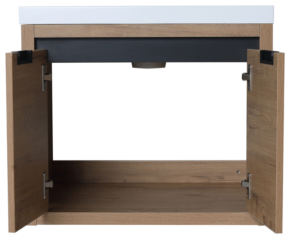 Bathroom Vanity With White Resin Top and Basin, Imitative Oak, 24x18