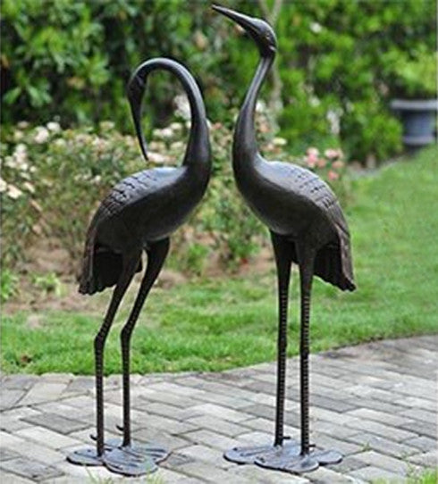 Bronze Garden Crane Pair Statue, Upright and Preening Set