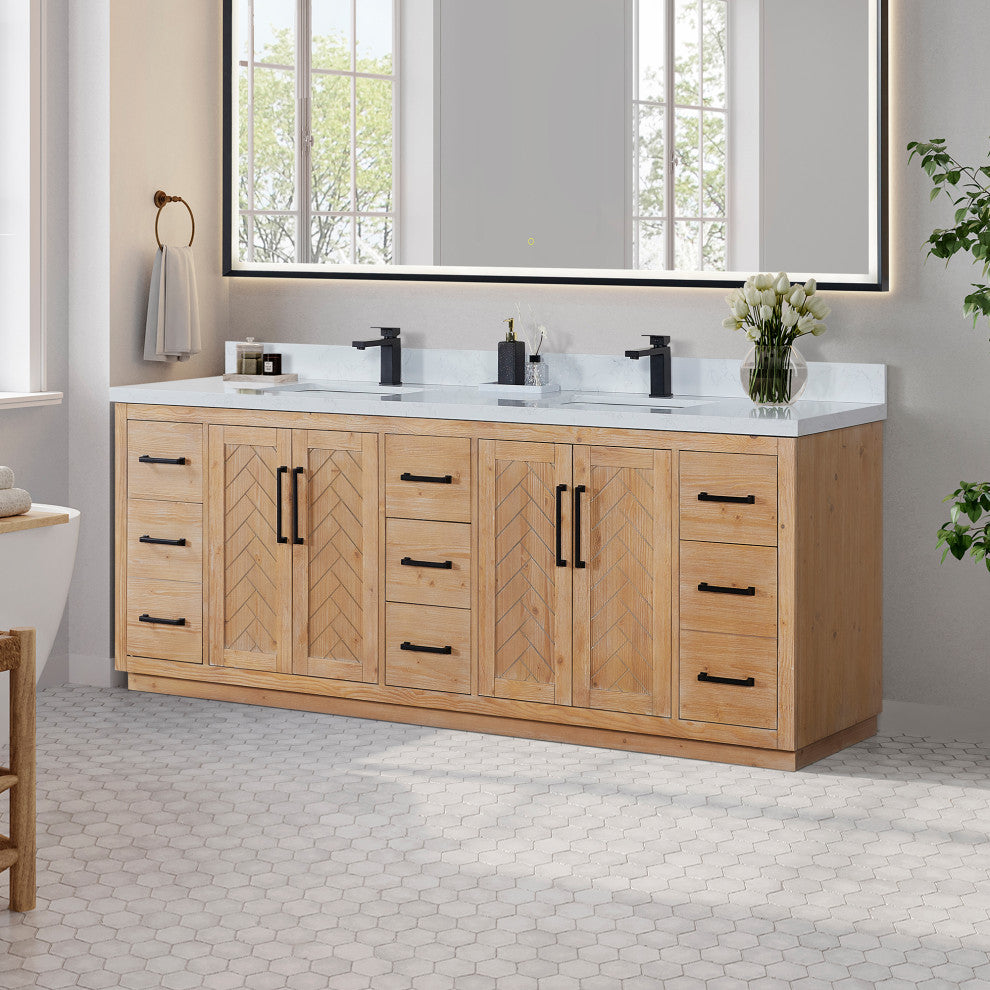Anais Vanity Grain White Engineered Stone Countertop, Light Brown, 84", No Mirror