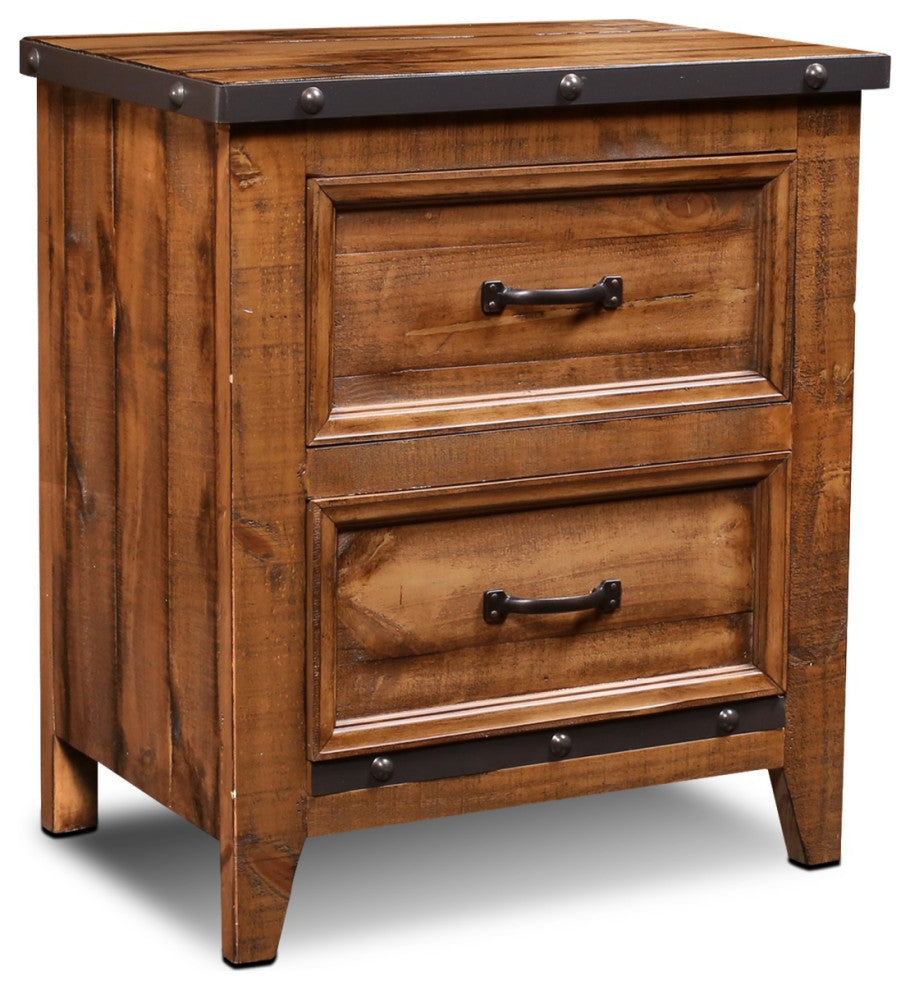 Sunset Trading Rustic City 2 Drawer Nightstand, Industrial Metal Accents