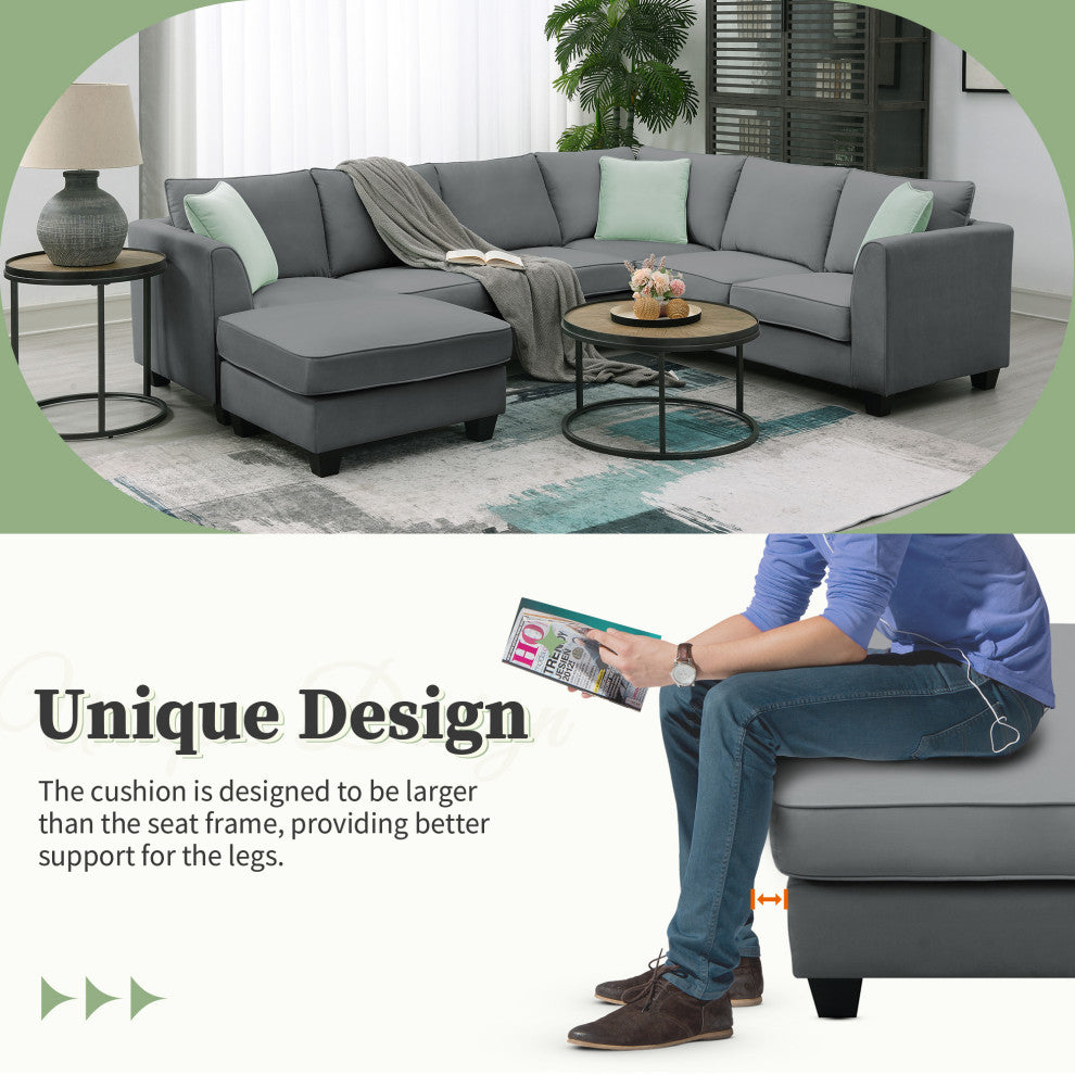7-Seat Fabric Modular Sectional Sofa Couch Set with Ottoman and Pillows, Grey