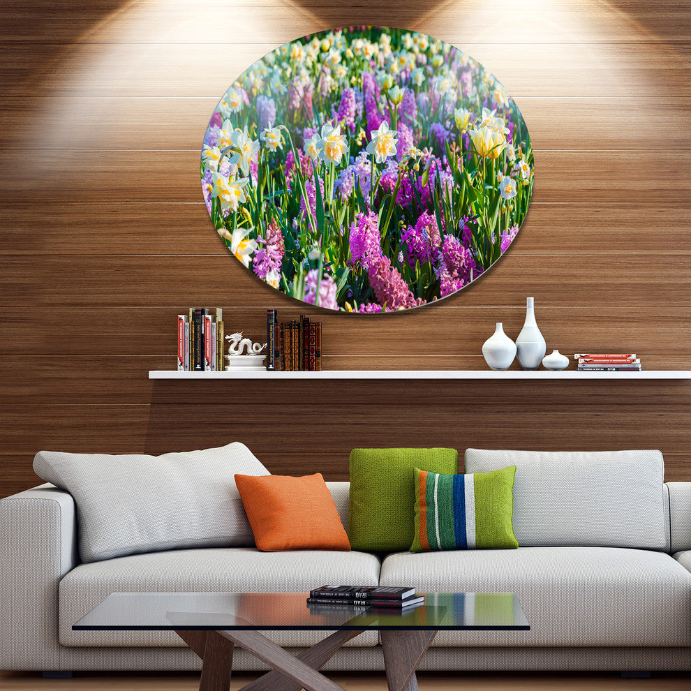 Spring Flowers In Keukenhof Park, Modern Floral Disc Metal Artwork, 11"