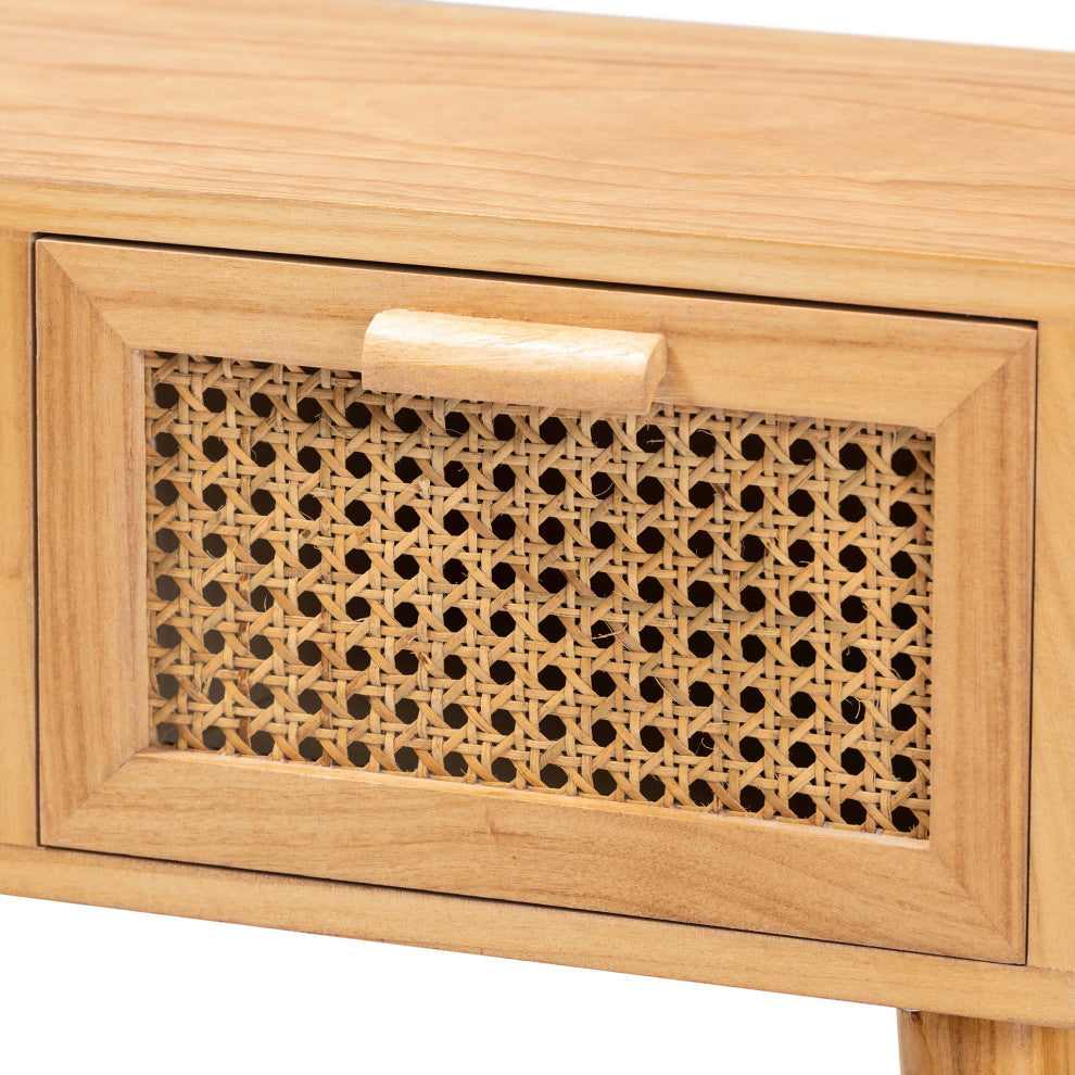 Saffi Mid-Century Oak Brown Wood 2-Drawer Console Table With Rattan