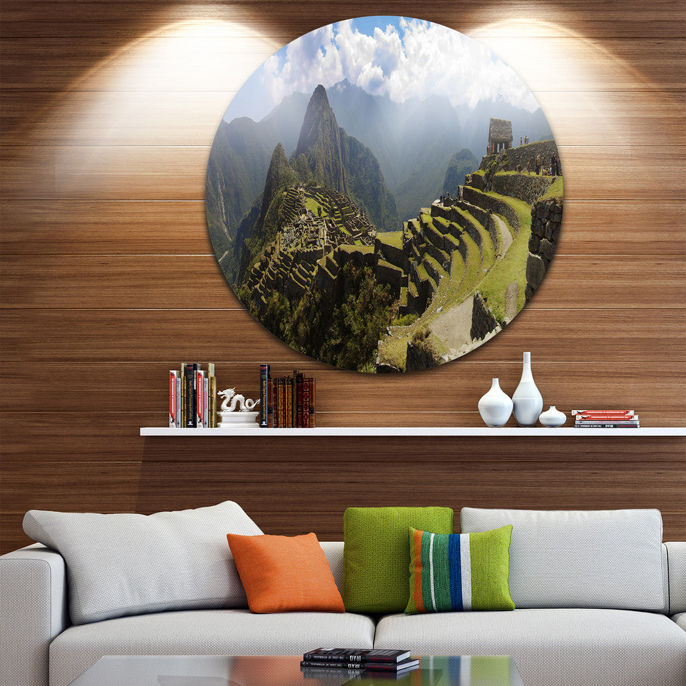 Machu Picchu Panorama, Landscape Photo Round Metal Wall Art, 11"