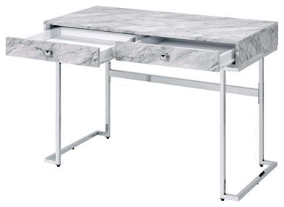 White Printed Faux Marble Writing Desk, Chrome Finish