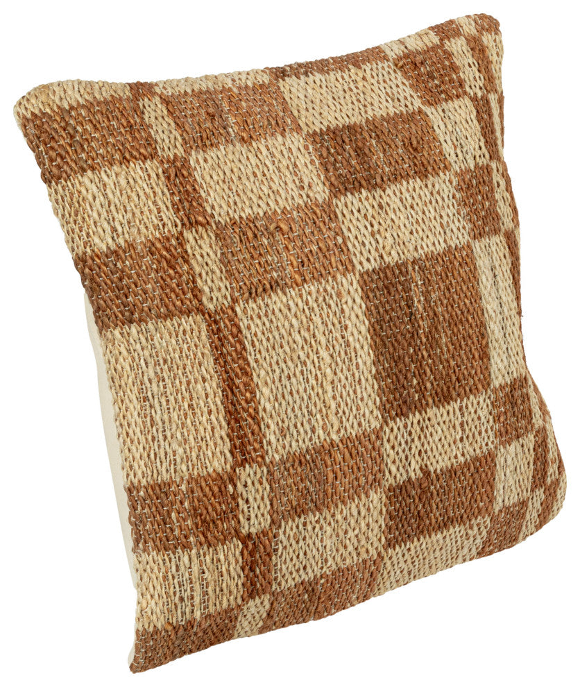 20" Square Woven Jute, Cotton Pillow, Square Pattern, Brown, Natural