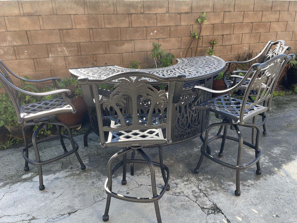 5-Piece Outdoor Bar Set Cast Aluminum Patio Table and 4 Palm Tree Swivel Stools