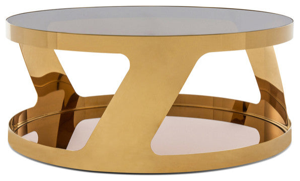 HomeRoots 15" Gold Steel and Glass Round Coffee Table