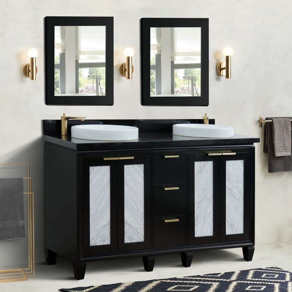 61" Double Sink Vanity, Black Finish With Black Galaxy Granite And Round Sink