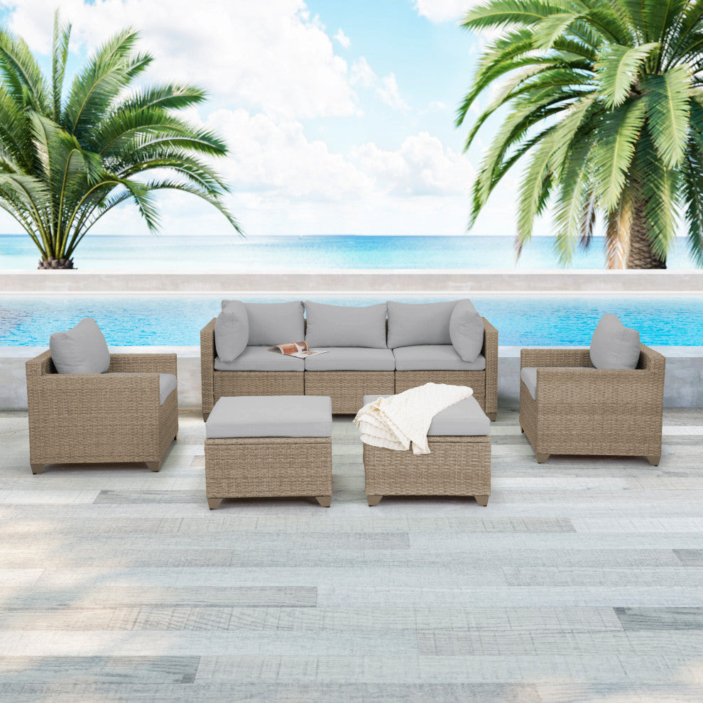 Maui 7-Piece Outdoor Conversation Set, Two Ottomans, Stone