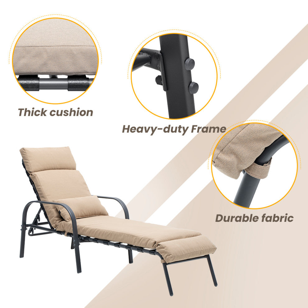 Set of 2 Adjustable Chaise Lounge Chair with Cushion & Pillow, Tan