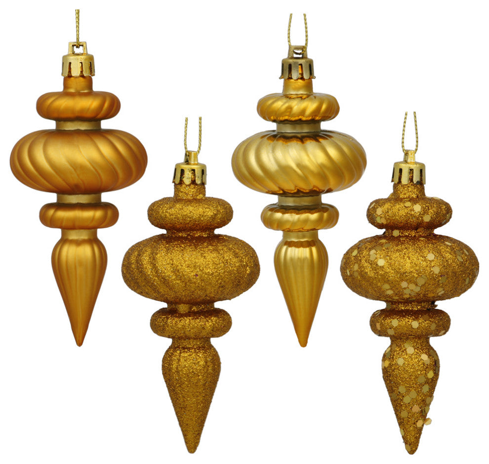 Vickerman N500030 4" Antique Gold 4-Finish Finial Ornament, 8 Per Box