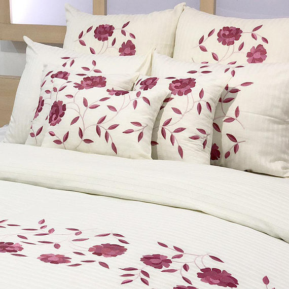 Queen Duvet Cover 8 Pc set in Ivory Self Stripe Cotton with Embroidery