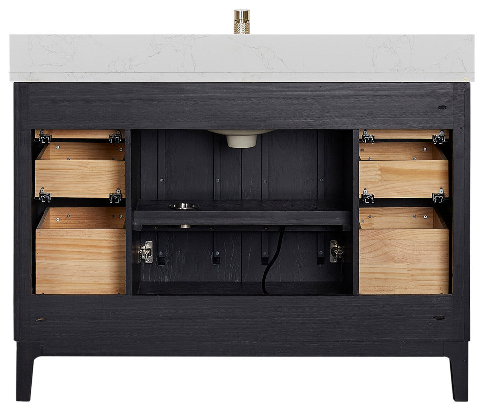 Gara Bath Vanity, Stone Top, Fir Wood Black, 48", Single Vanity, With Mirror