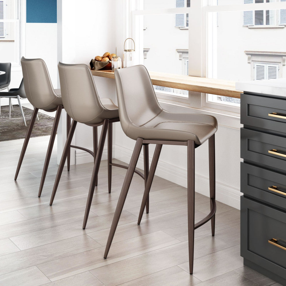 Counter Stool Chair, Set of 2, Faux Vinyl Leather, Steel, Gray, Walnut
