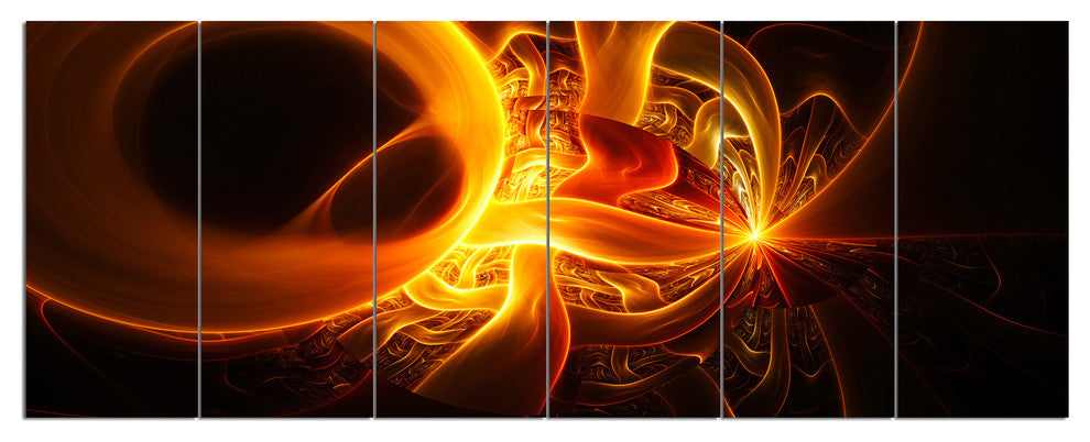 Bright Yellow Designs on Black, Abstract Wall Art Canvas, 70"x28", 6 Panels