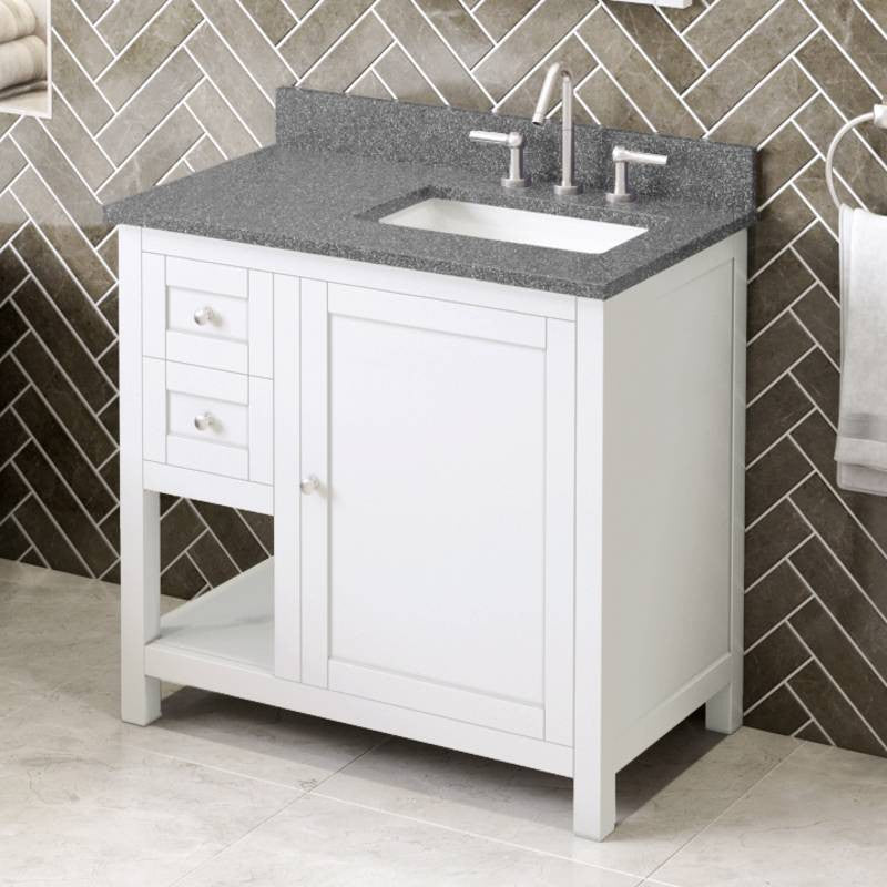 Astoria Transitional 36" White Right Offset Sink Vanity, Boulder Cultured Marble
