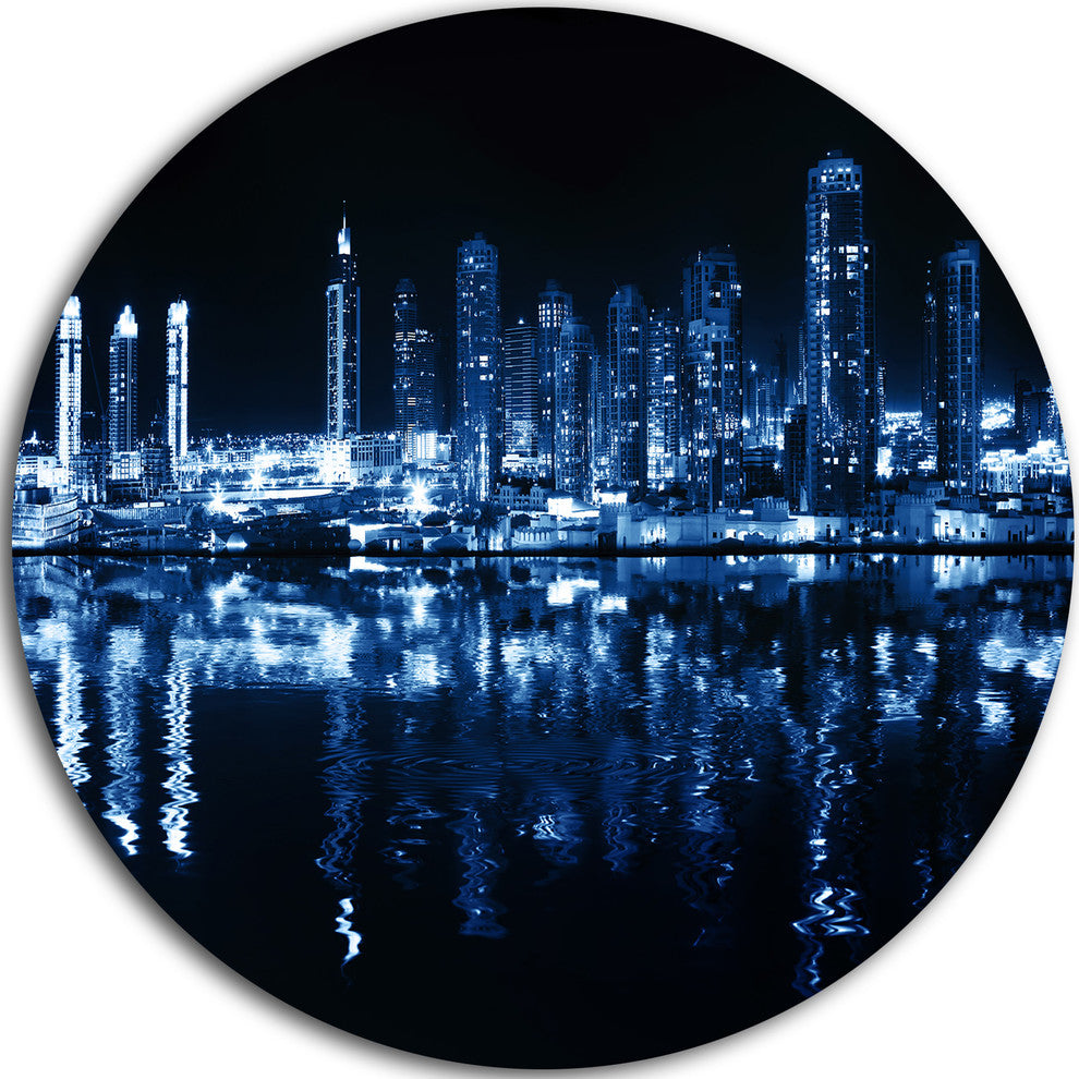 Glowing City At Midnight, Cityscape Photo Round Metal Wall Art, 11"