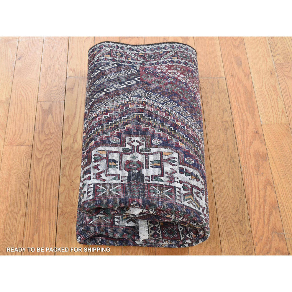 Blue Vintage Persian Shiraz Design Pure Wool Hand Knotted Rug 4'1" x 5'9"