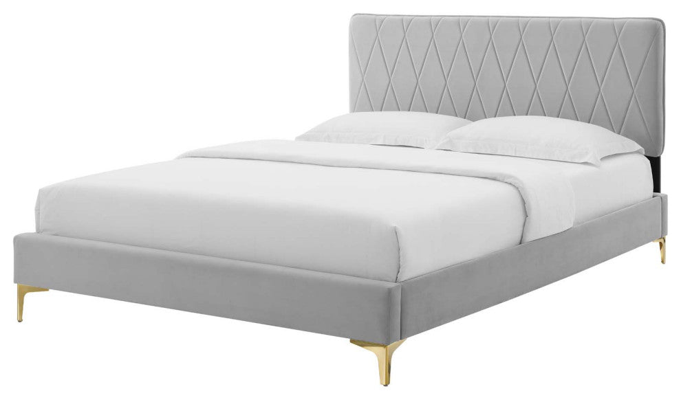 Platform Bed Frame, King Size, Velvet, Light Gray, Modern Contemporary