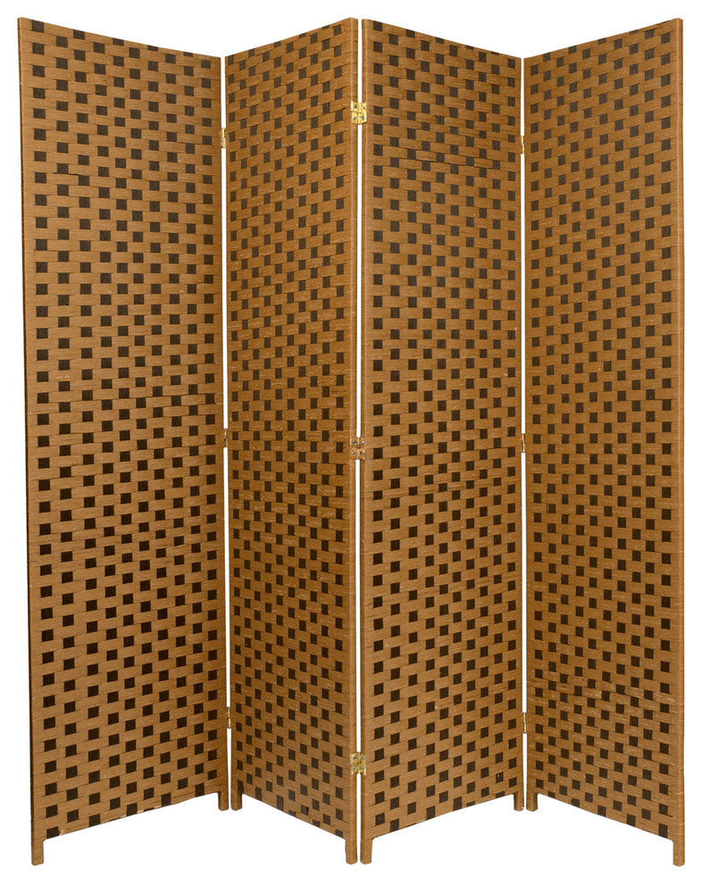 6' Tall Woven Fiber Room Divider, Two Tone Brown, 4 Panel