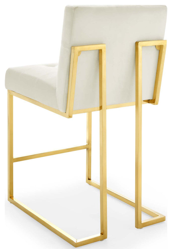 Counter Stool Chair, Set of 2, Velvet, Metal, Gold Ivory White, Modern, Bar Pub