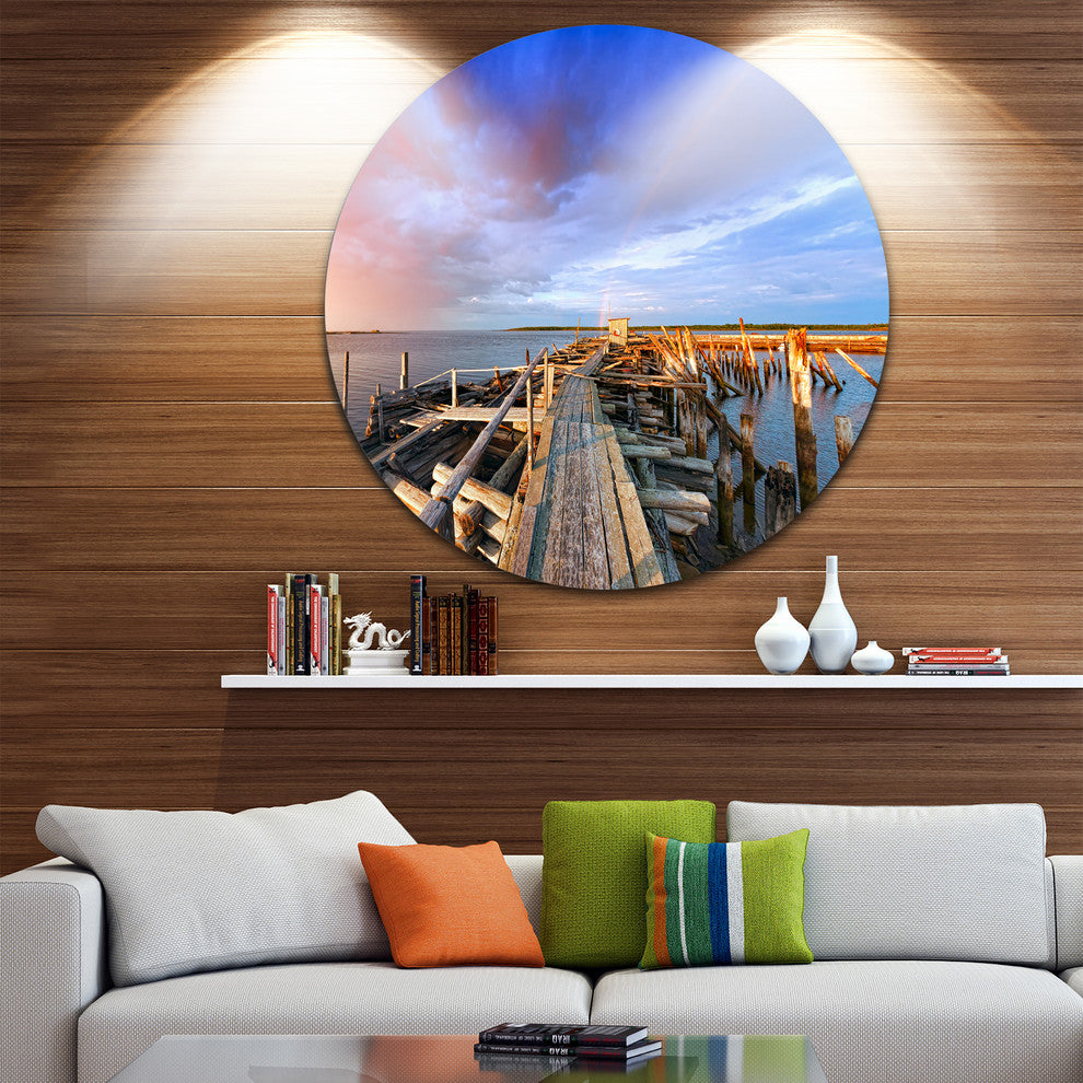 Abandoned Wooden Pier And Blue Sky, Sea Bridge Disc Metal Artwork, 36"