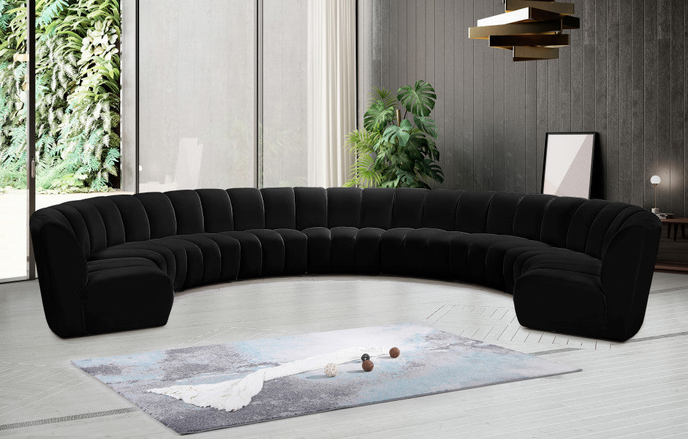 Infinity Channel Tufted Velvet Modular Chair, Black, 9 Piece