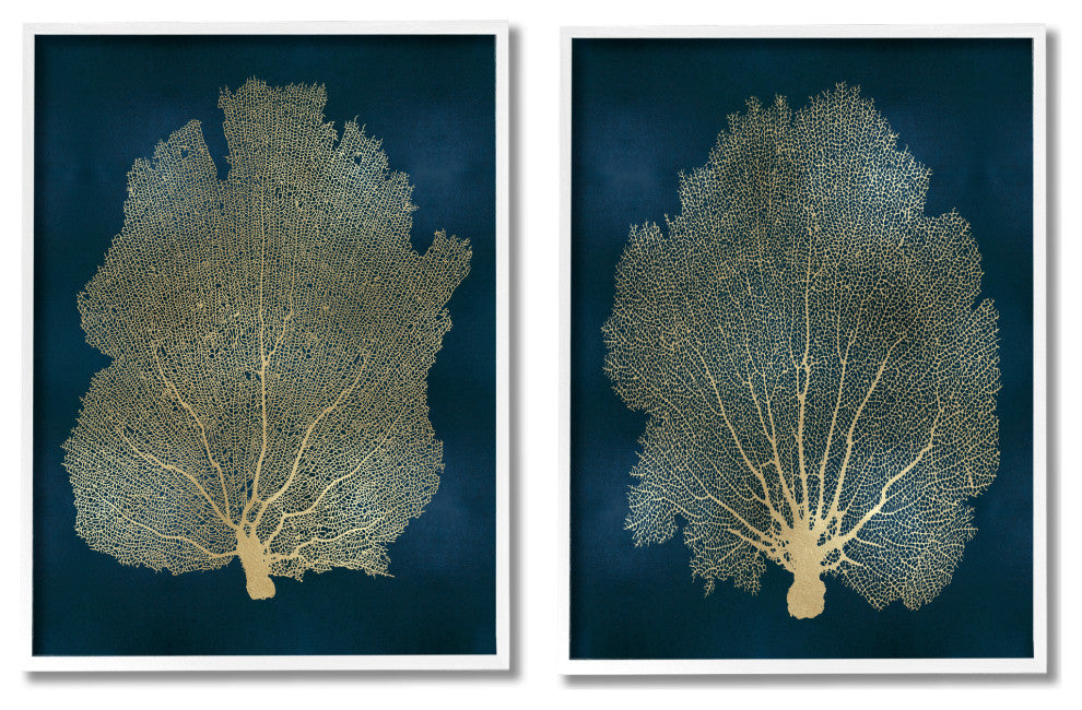 Modern Sea Fan Composition Blue Gold Ocean Plant,2pc, each 16 x 20