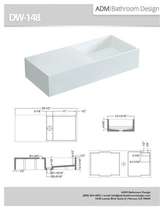 ADM Rectangular Wall Mounted Sink, White, 30", On-Right