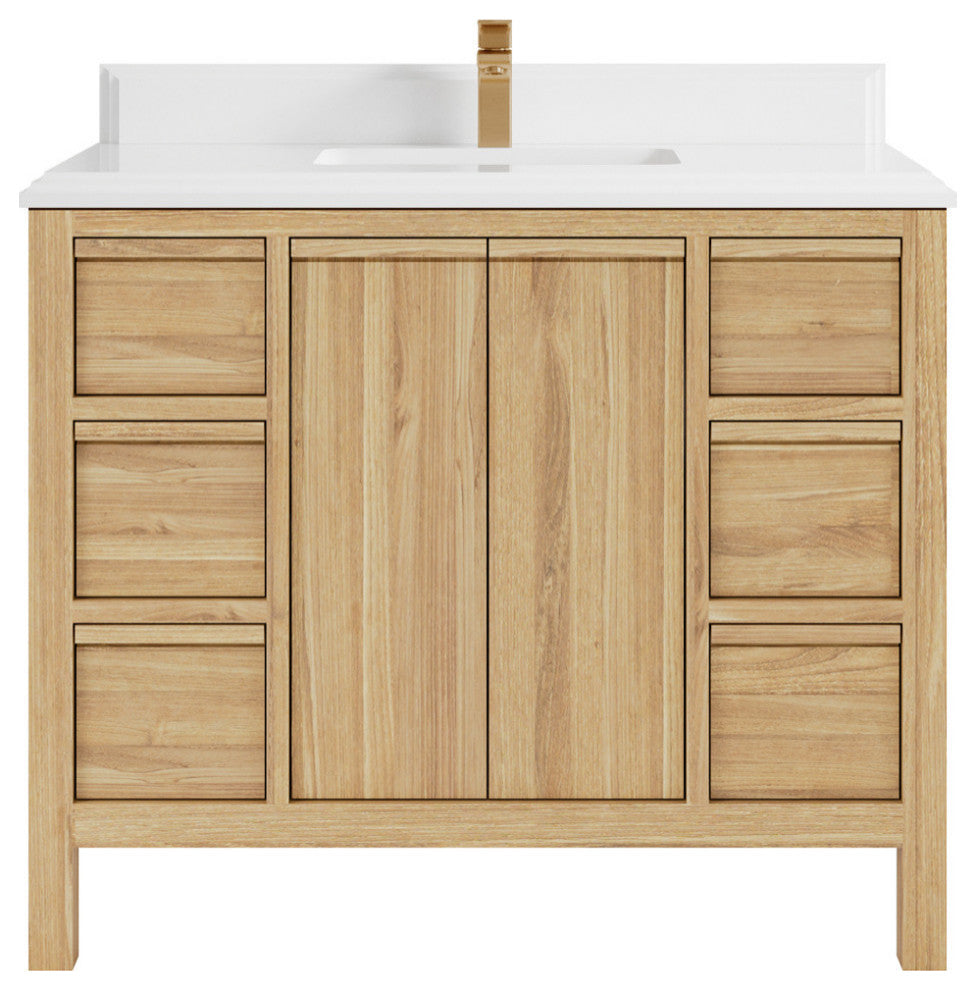 Elizabeth 42 Single Sink Bath Vanity in Light Natural Teak 1.5" White Quartz
