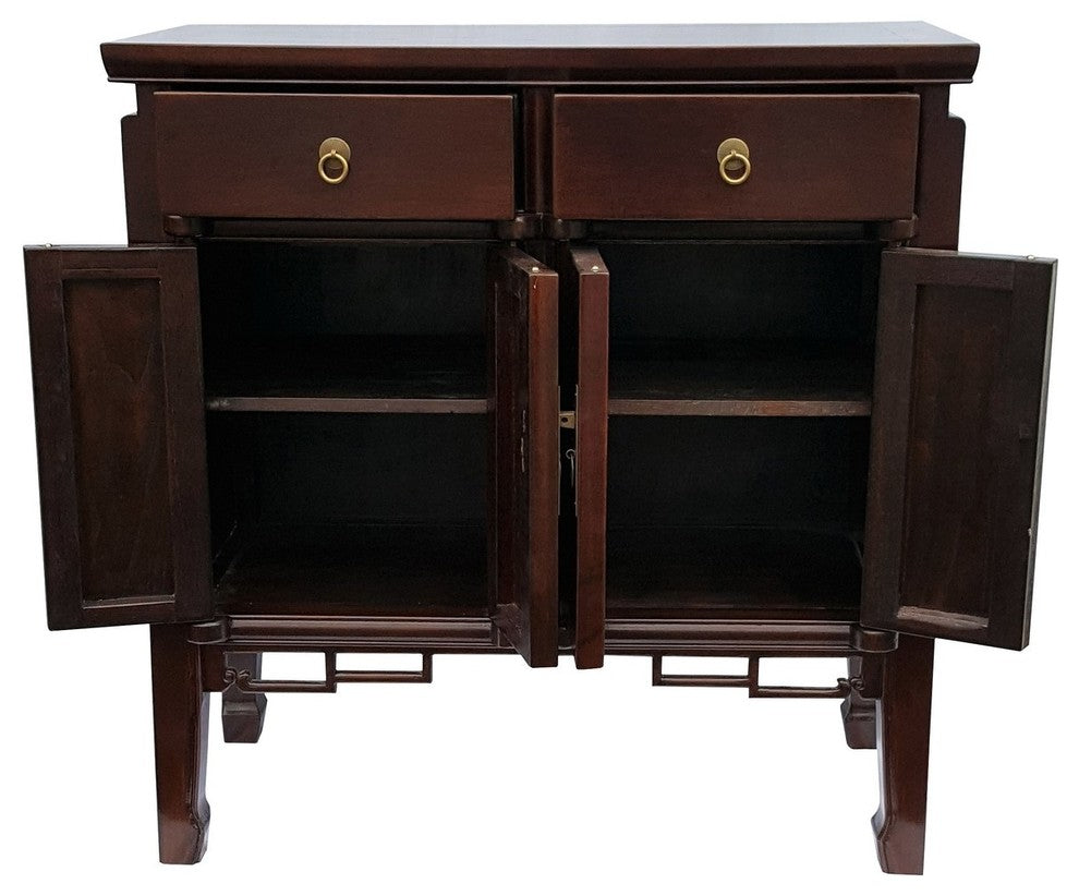 Asian Four Door Buffet With Key Carving, Dark Walnut