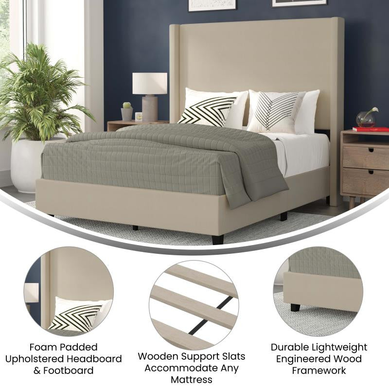 Quinn Upholstered Platform Bed with Channel Stitched Wingback Headboard, Beige, Full