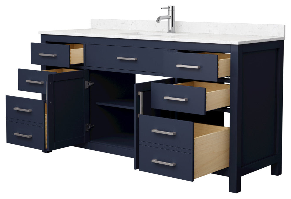 66"SGL Vanity Dark Blue, Carrara Cult. Marble Countertop, Sink, Nickel Trim